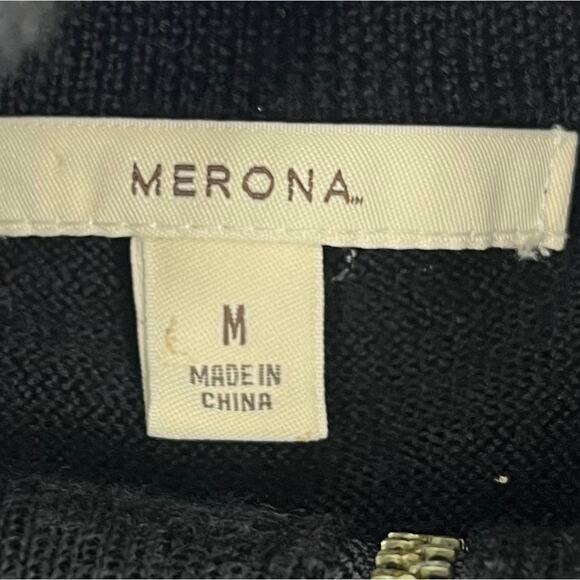Merona Men's M 100% Merino Wool Black Knit Mock Neck Zip Cardigan - Picture 5 of 6